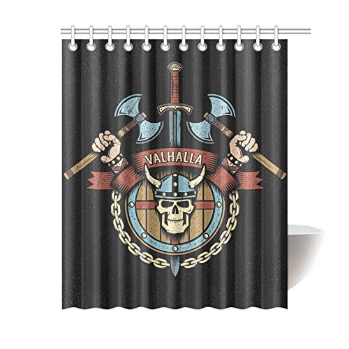 72x72" Retro Viking Skull Fabric Shower Curtain Set Bathroom Mat w/12 Hooks